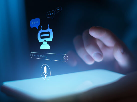 AI Chatbot and Voice Assistant Interaction Displayed on Digital Tablet.