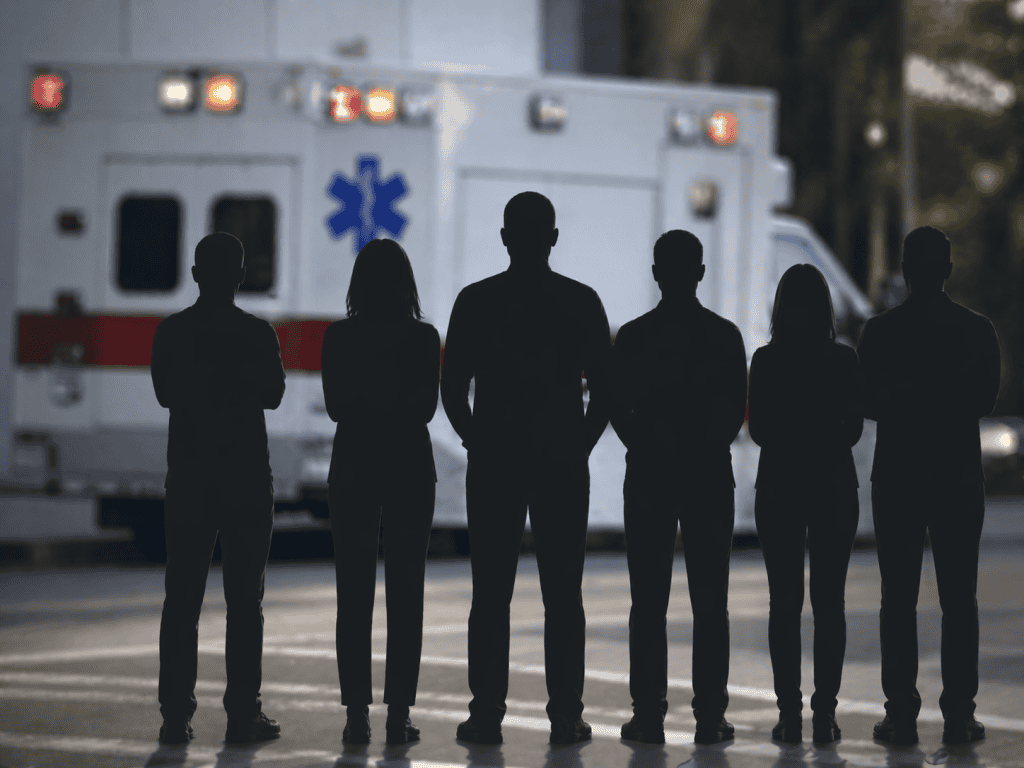 Group of six dark, featureless human silhouettes standing side by side in the foreground, facing a slightly blurred ambulance with emergency lights in the background. Neutral tones and shallow depth of field create a professional, subdued editorial look, suggesting a group of workers connected to emergency medical services without identifying any individuals.