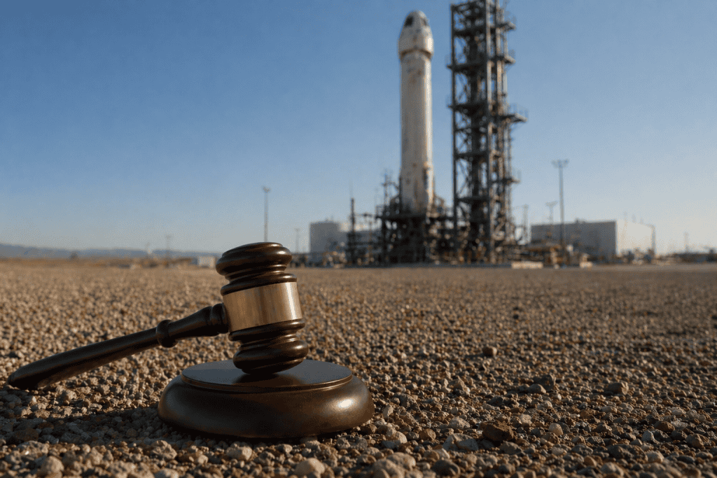 AI-generated image of a judge&rsquo;s gavel resting on a sounding block on a gravel surface in the foreground, with a blurred rocket and launch structure in the background under a clear blue sky, symbolizing a legal ruling impacting a space company.