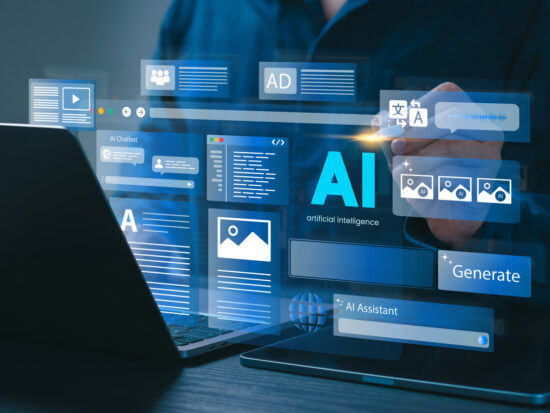Artificial Intelligence Content Generator. A man uses a laptop to interact with AI assistant. AI offers functions like chatbot, generate images, write code, writer bot, translate and advertising.