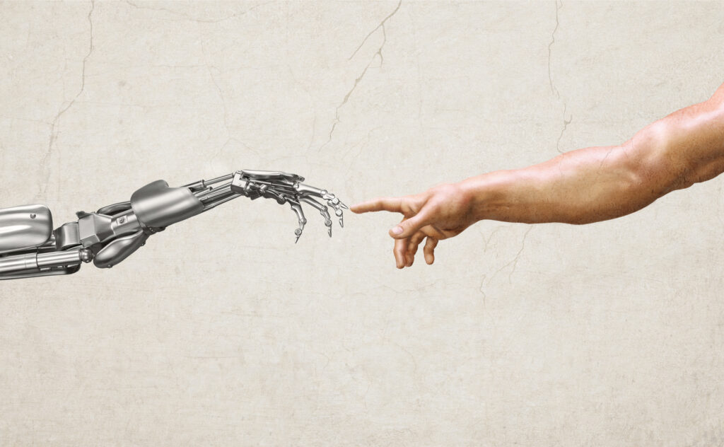 Creation of Adam, AI robot. 3D art paintings illustration of human and robotic hands, style of old renaissance oil artwork. Artificial intelligence technology, machine learning industry, ai innovation